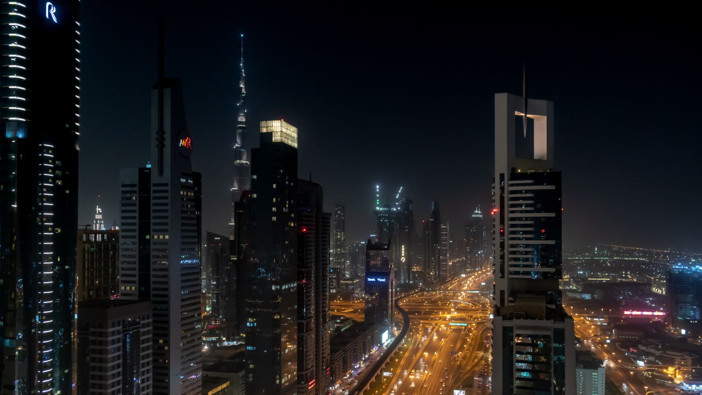 Downtown Dubai and Burj Khalifa at night